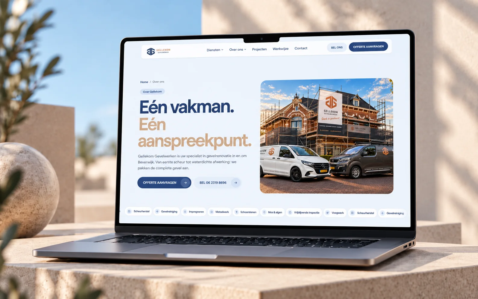 Gellekom Gevelwerken B.V., homepage op laptop