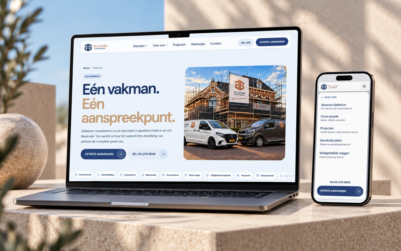 Over-ons-pagina en mobiel menu van Gellekom Gevelwerken B.V.